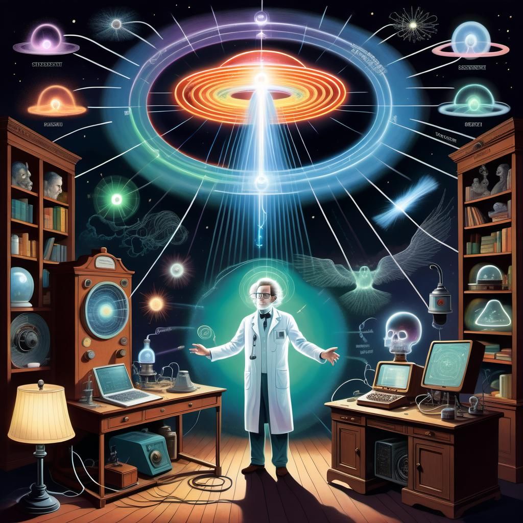 Electromagnetic Spectrum Illustration with Ghostly Scientist
