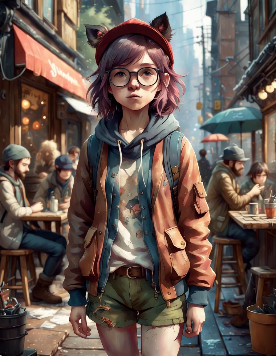 Adorable Anime Hipster Character in Digital Art Style