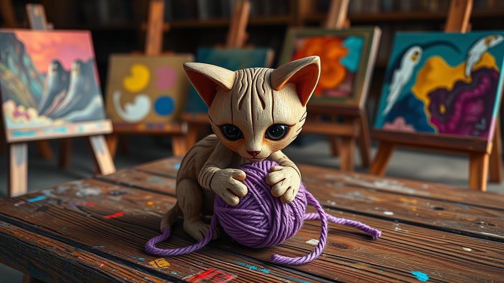 Wooden Kitten Plays with Yarn in Baroque Style