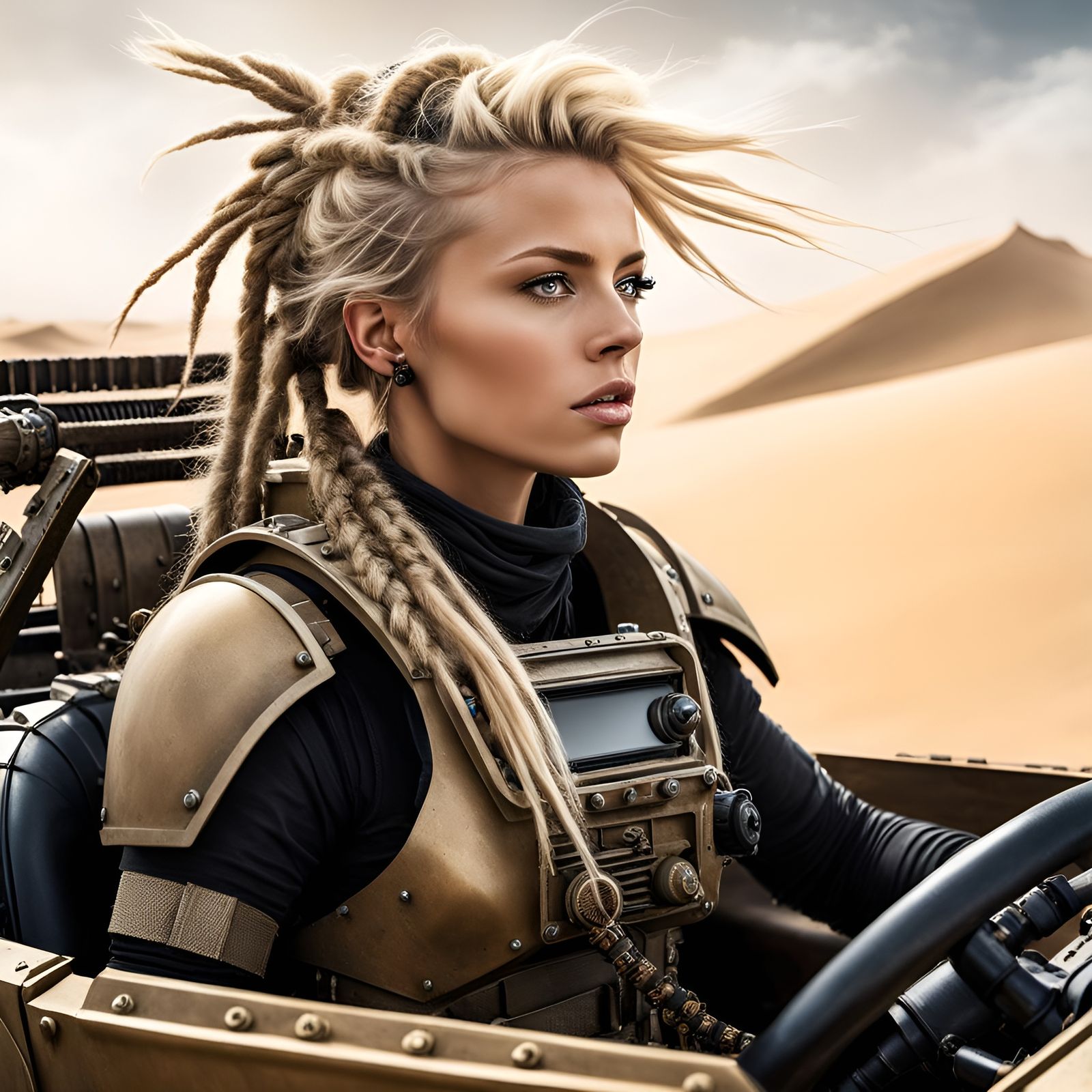 Post-Apocalyptic Woman in Mech Armor Driving Buggy