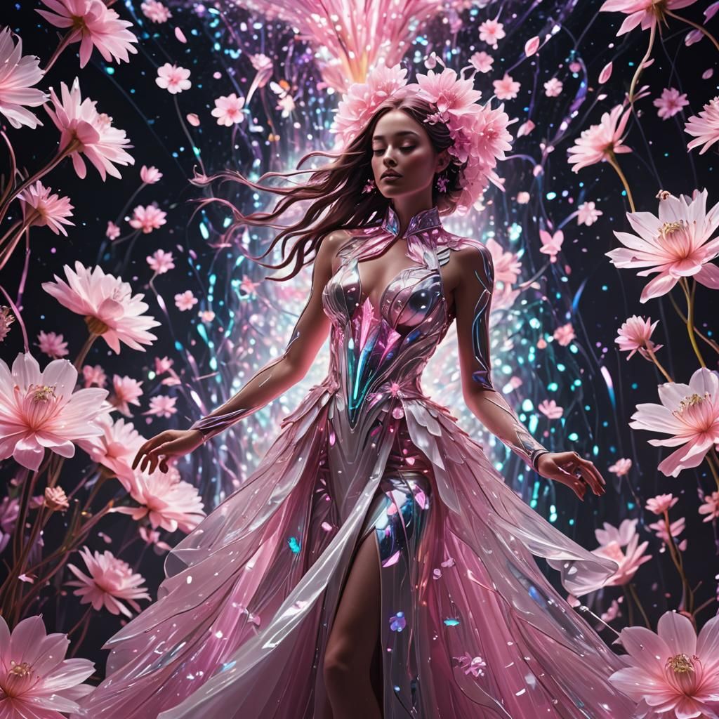 Neon Flower Girl Transformation in Stained Glass Style