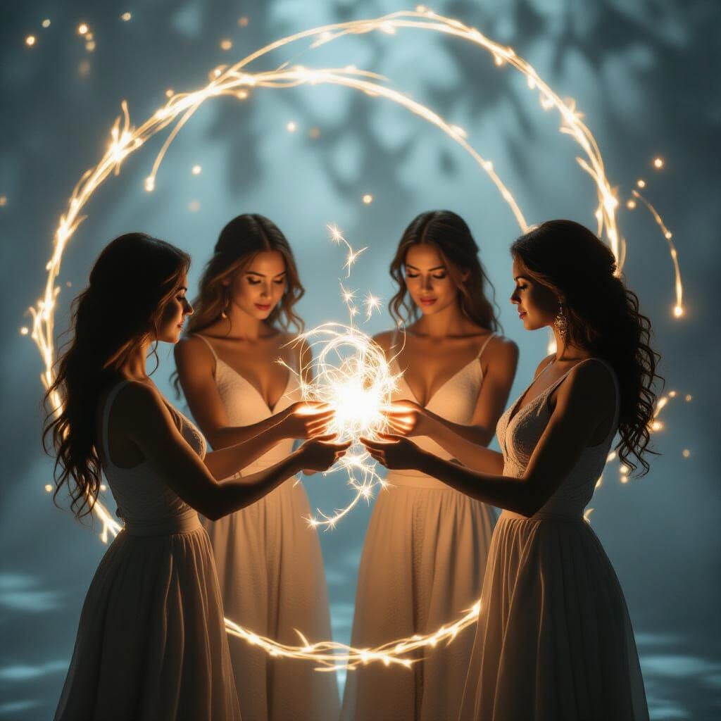 Women Weaving Celestial Energy in Dramatic Film Still