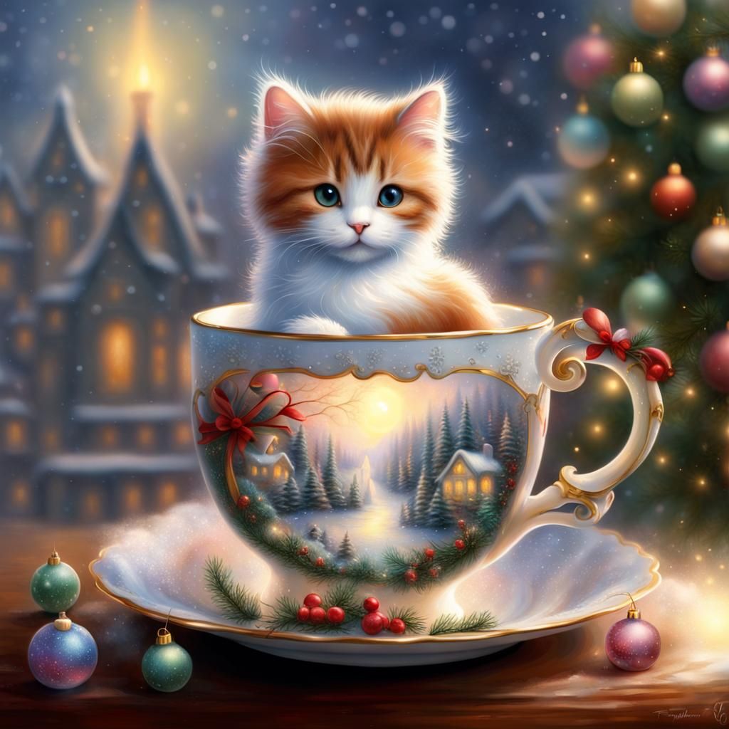 Calico Kitten in Christmas Cup, Ethereal Fantasy
