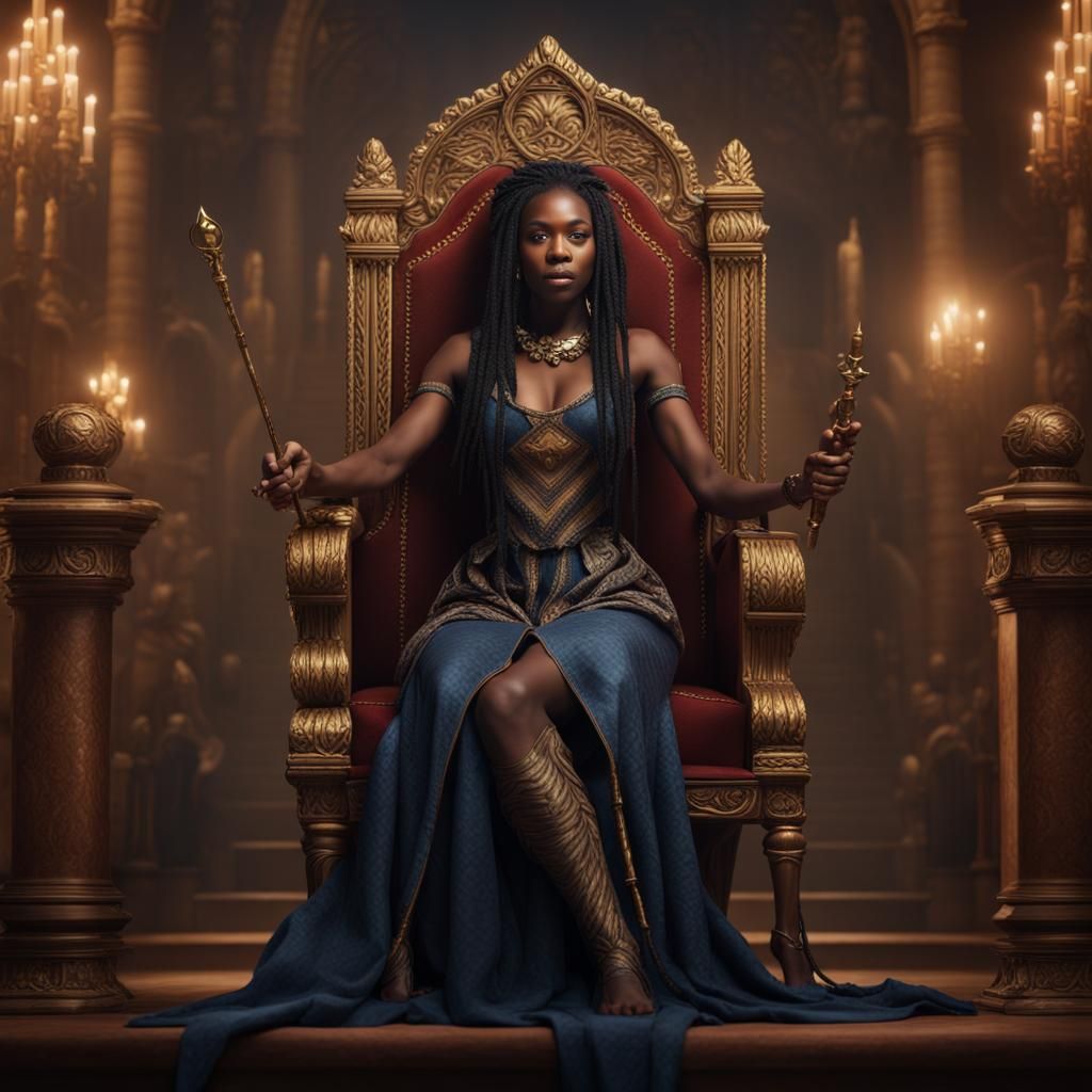 Regal African Queen on Throne, Detailed Matte Painting