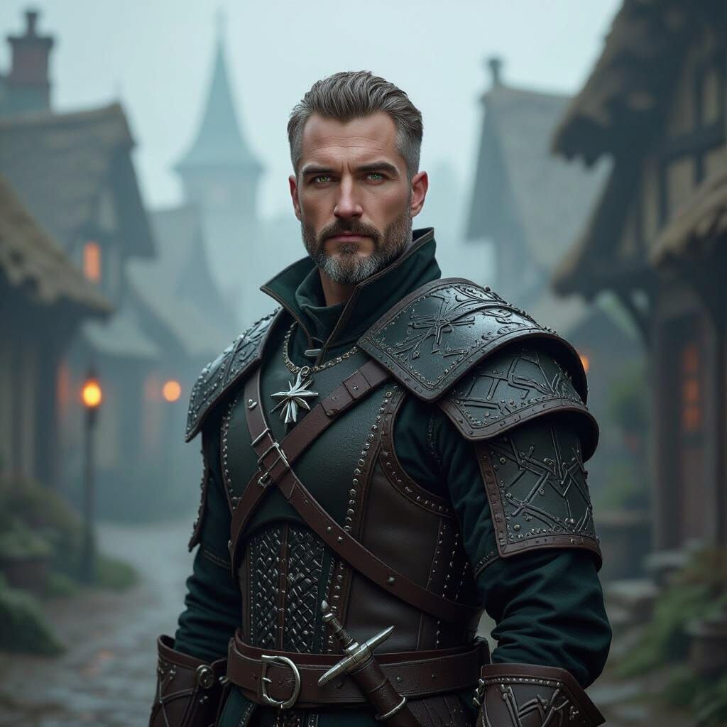 Witcher Character in Medieval Village, Digital Art