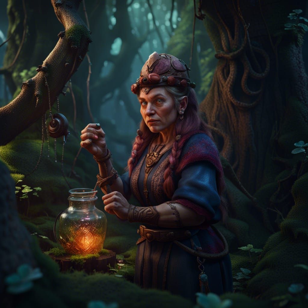 Fantasy Dwarf Potion Maker in Woodland Scene