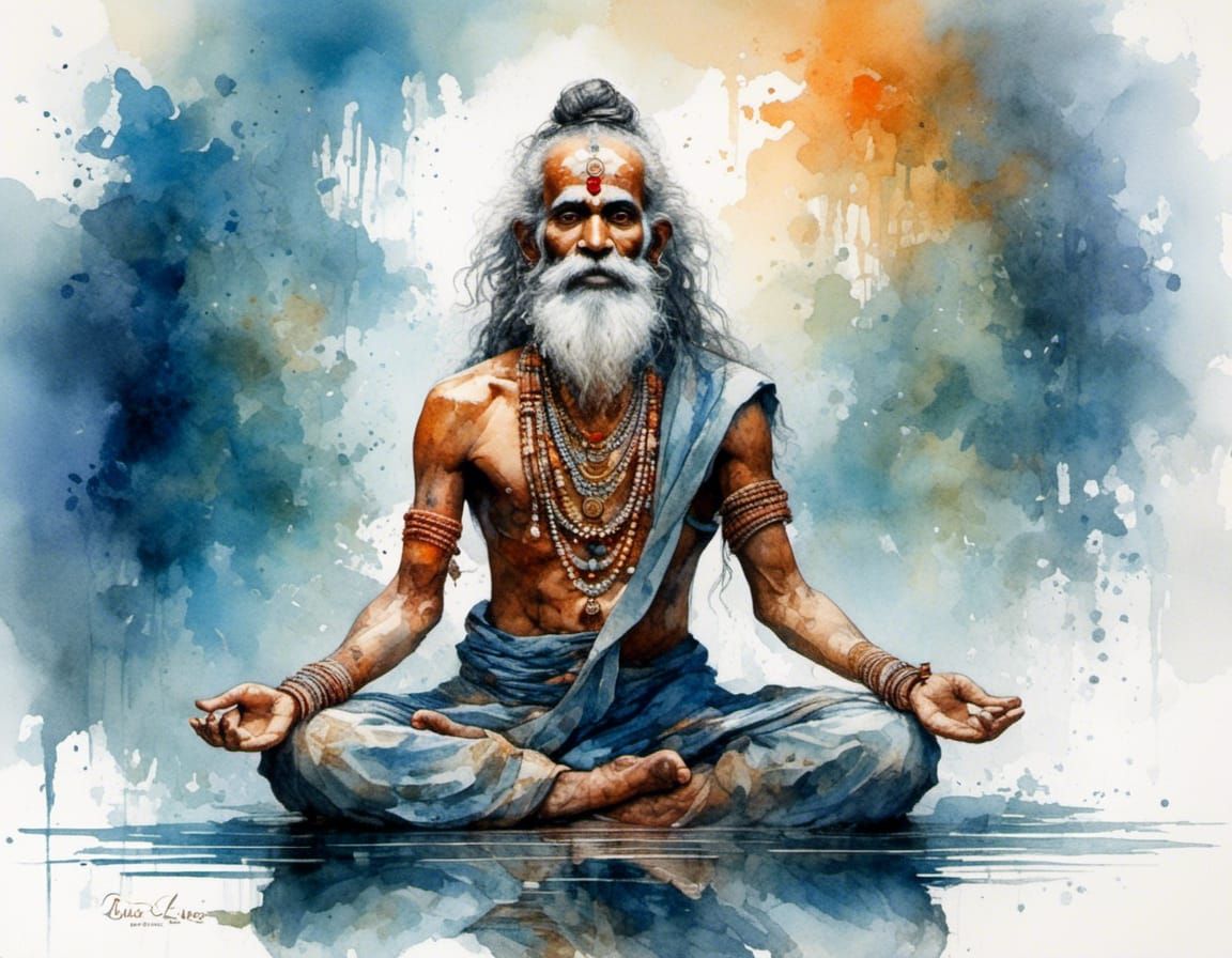 Ornate Watercolor Portrait of Floating Sadhu