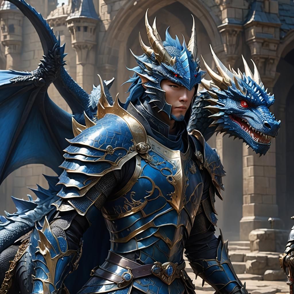 Blue Dragon and Knight in Anime Style