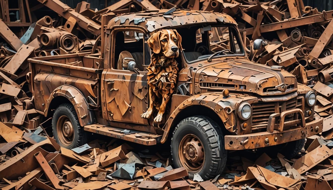 Dog and Truck in Junkyard, 3D Paper Art