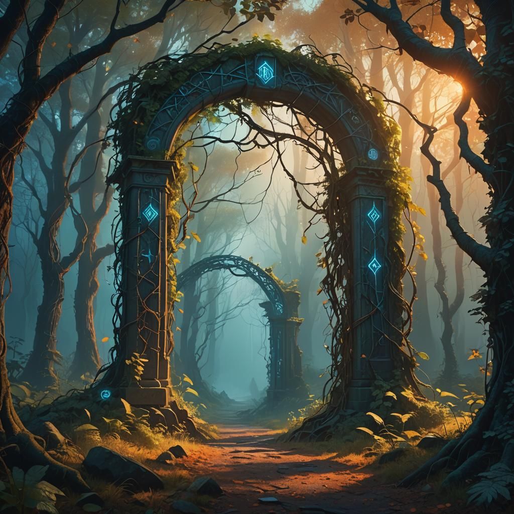 Mystical Runestone Archway in Ethereal Forest: Fantasy Art