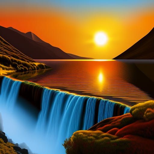 Beer Waterfall at Sunset: Maximalist Digital Painting