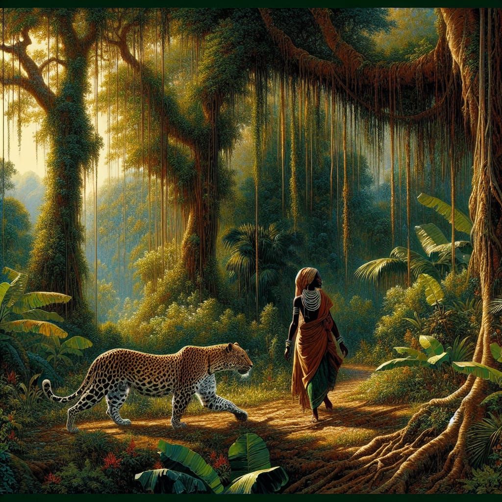Girl and Leopard in Lush Tropical Forest: Oil Painting
