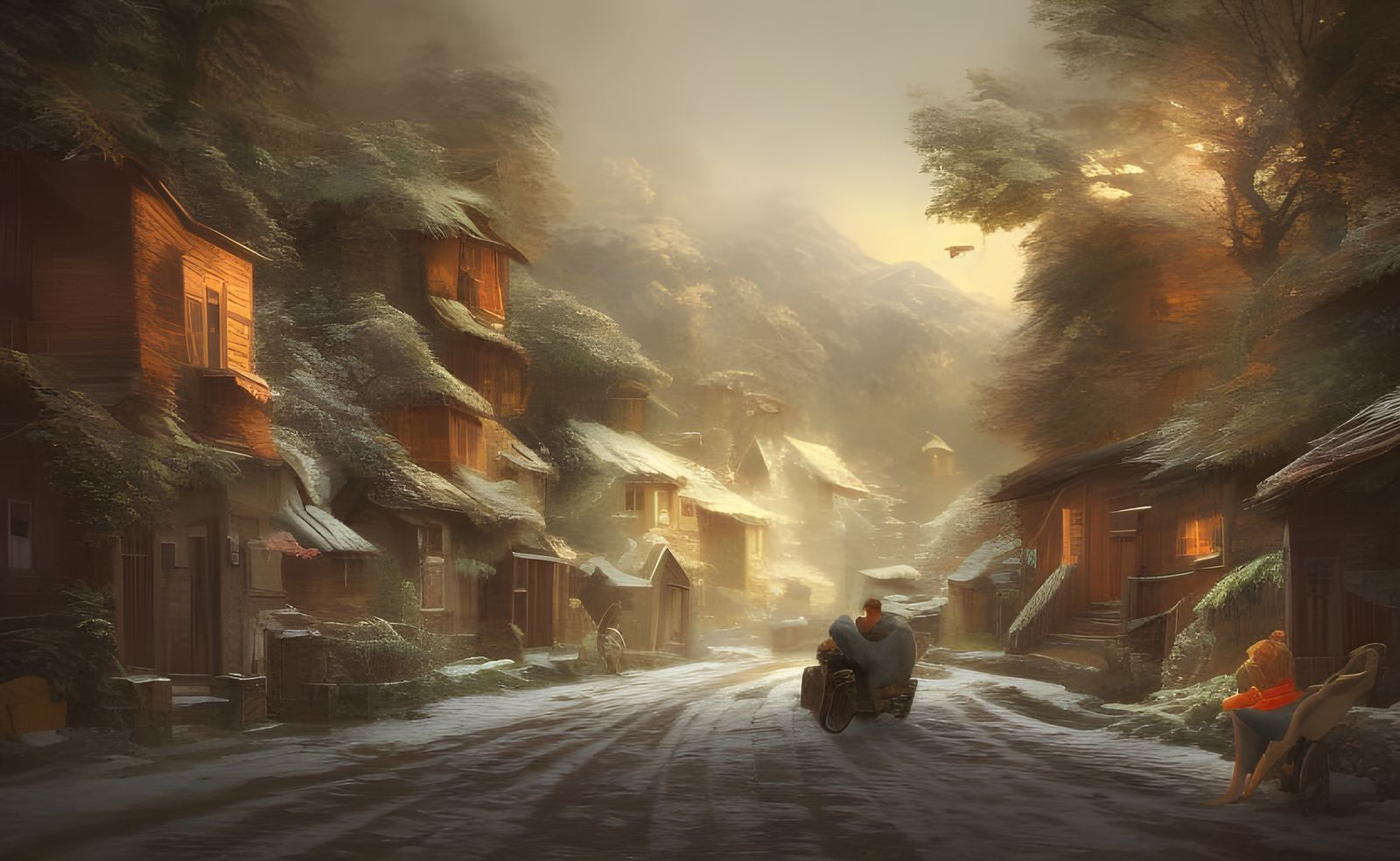 Village Scene in 1900 Winter: Digital Painting