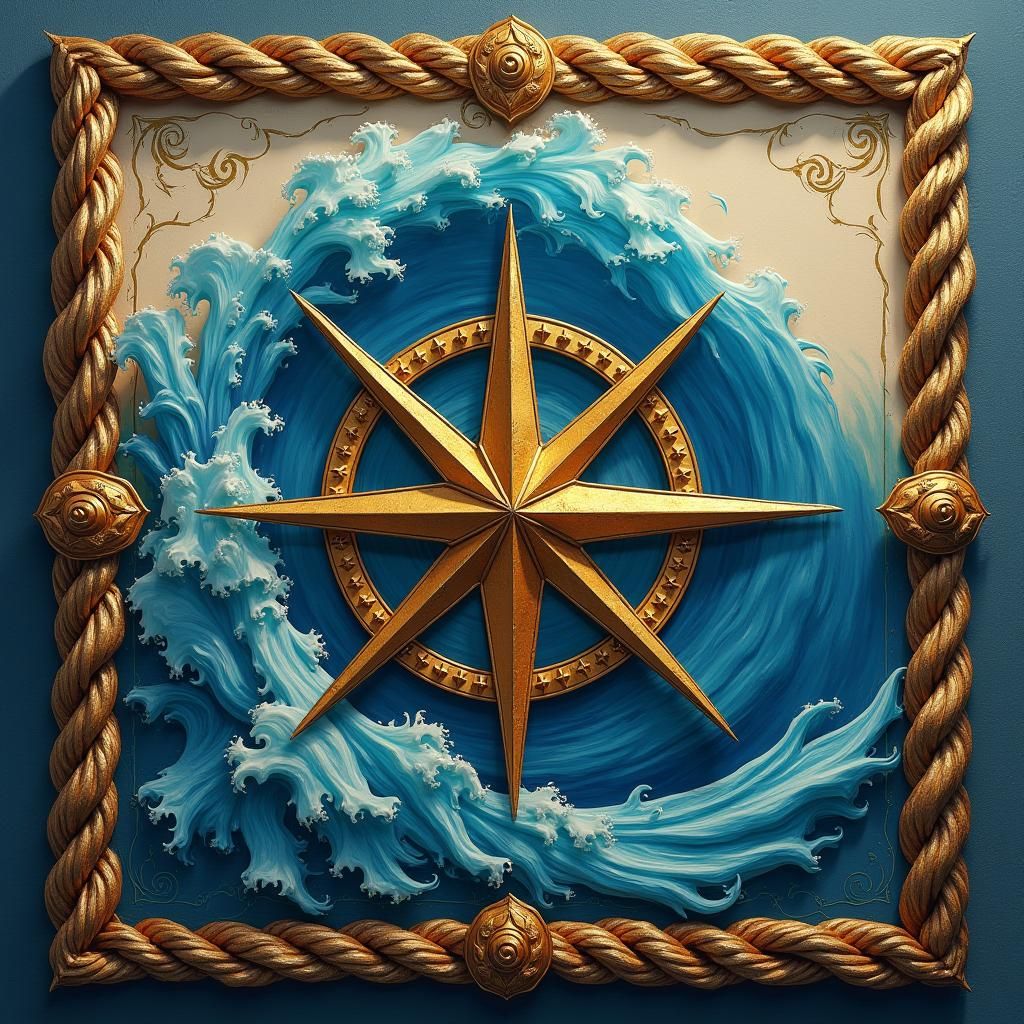 Japanese Wave Compass Rose Nautical Emblem