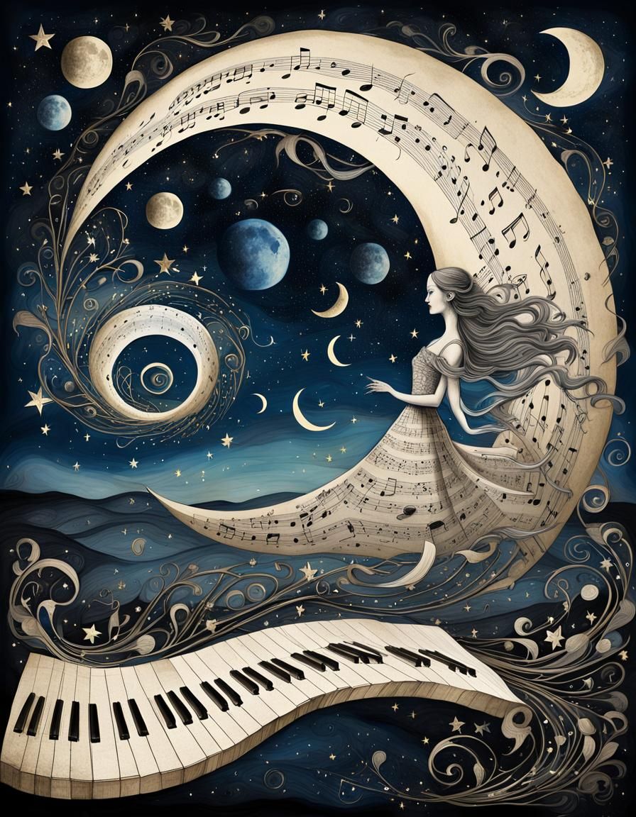 Surreal Moonlit Music Sheet in Pop Surrealism Style