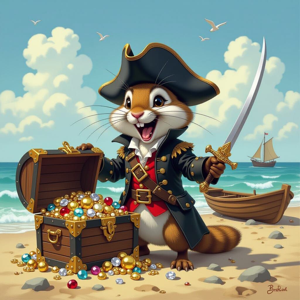Pirate Packrat Guarding Treasure, Fairy Tale Illustration