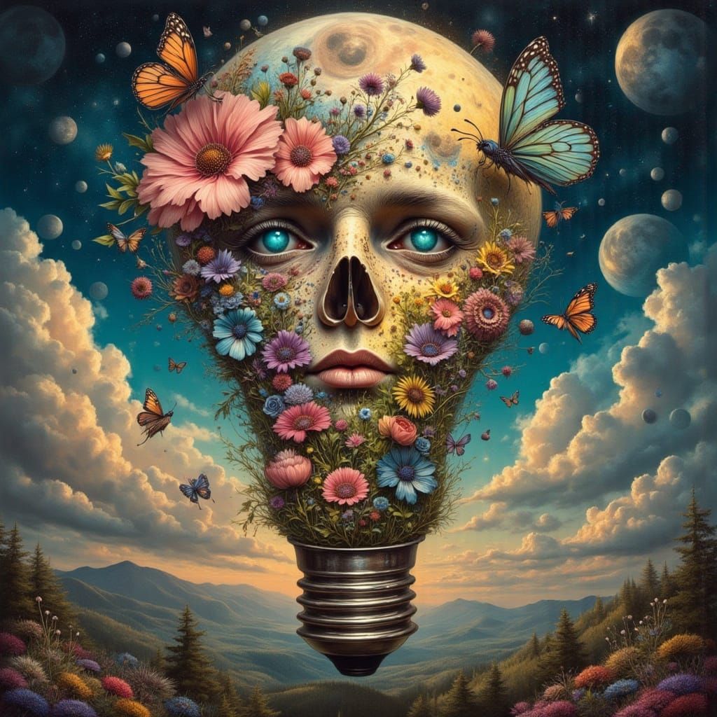 Surreal Butterfly Lightbulb With Flower Faces