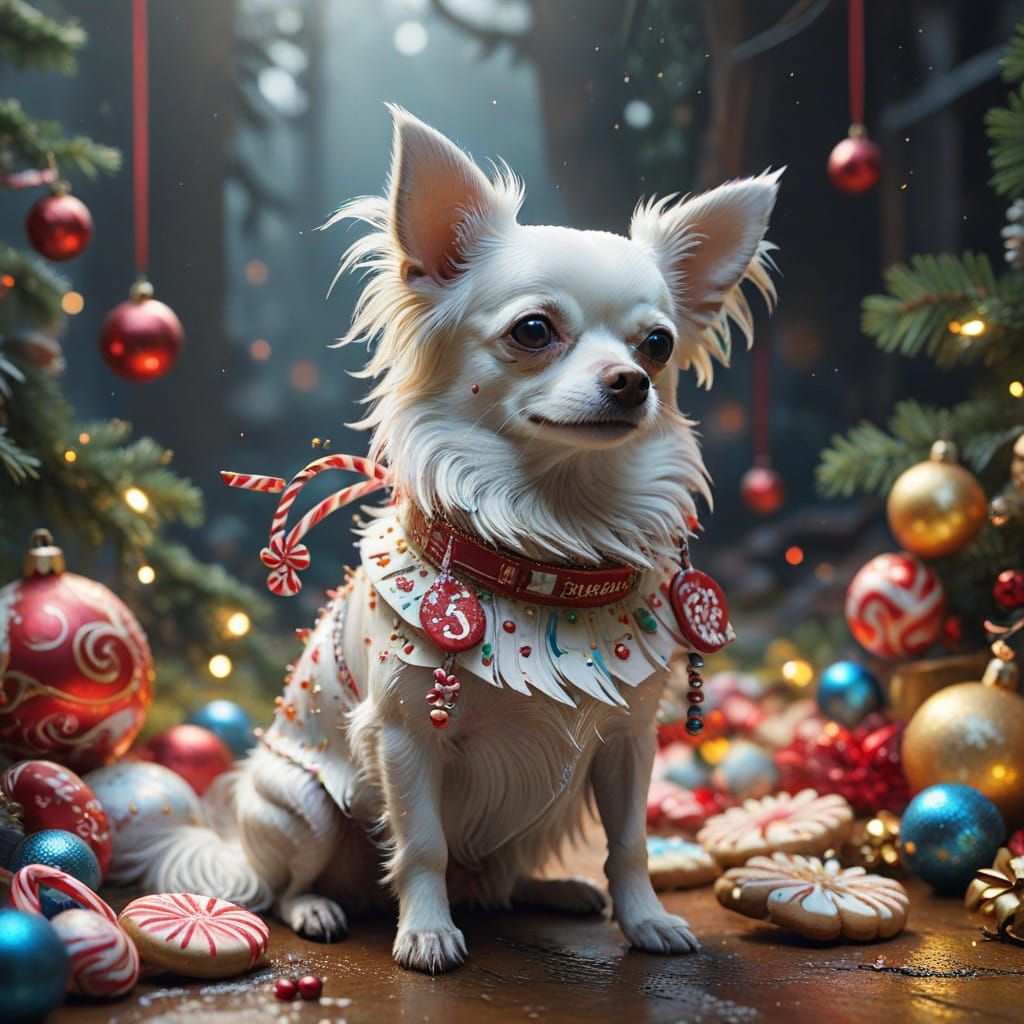 Whimsical Christmas Scene with Fluffy Chihuahua and Vibrant...