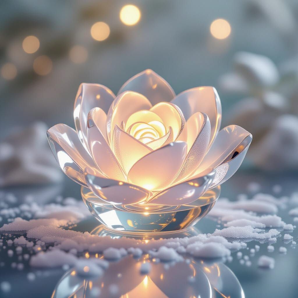 A crystalline sugar sculpture shaped like a blooming flower, glowing softly from within