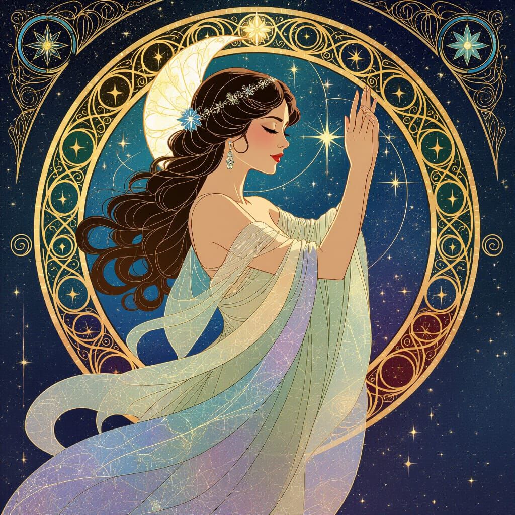Cosmic Seamstress Weaving Galaxies in Art Nouveau Style