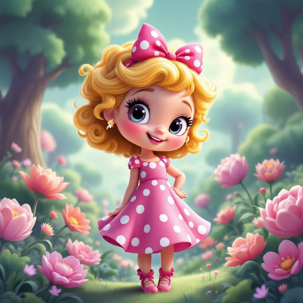Vibrant Cartoon Girl in Whimsical Forest