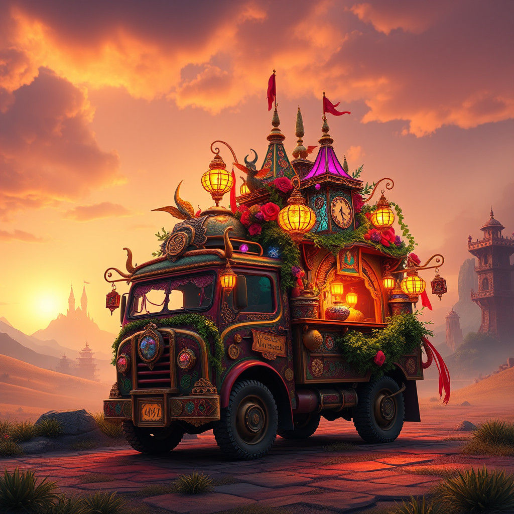Ornate Truck with Fantasy Decorations in Matte Painting Styl...