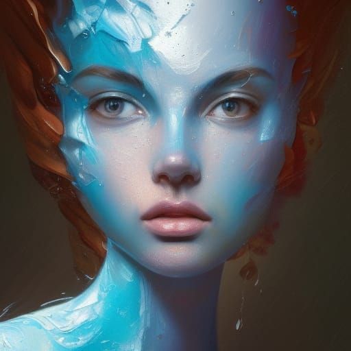 Abstract Oil Portrait in Cyan, White, and Blue