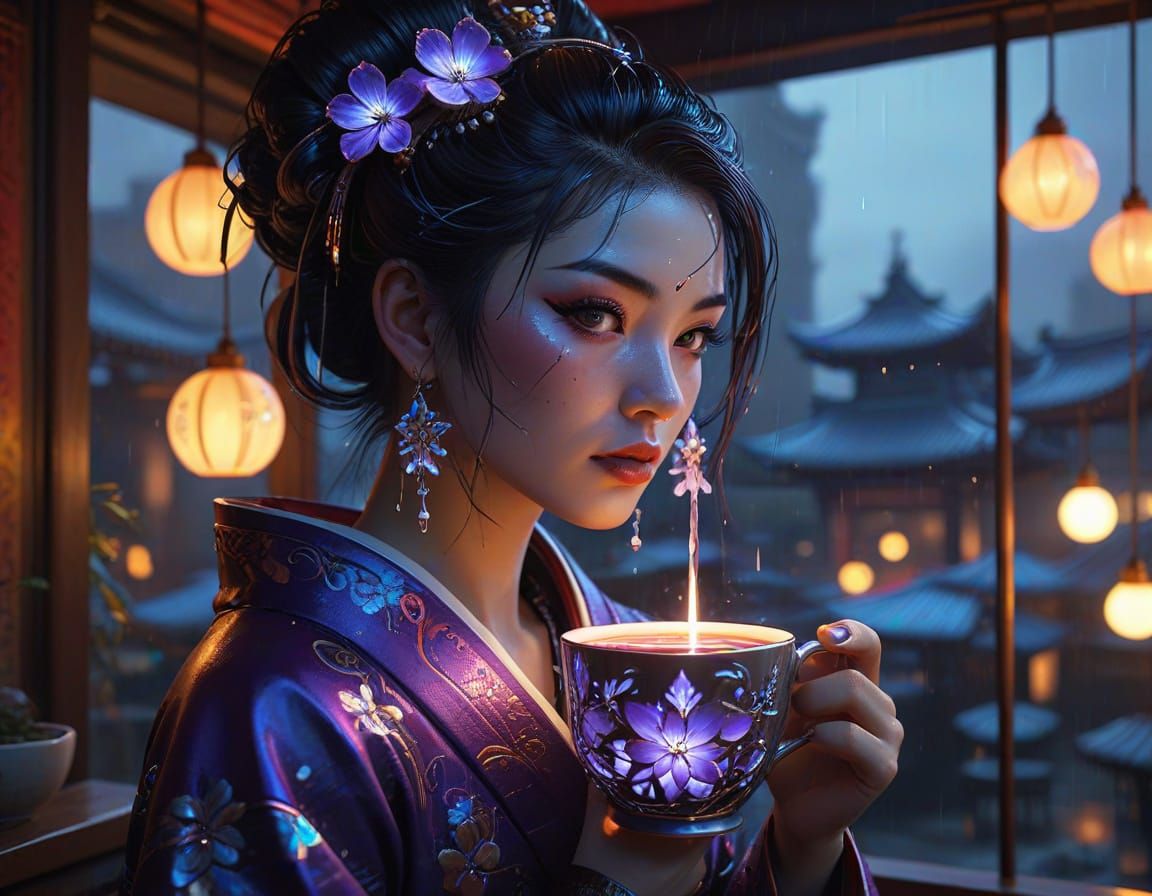 Cyberpunk Geisha in Neon Teahouse, Anime Style
