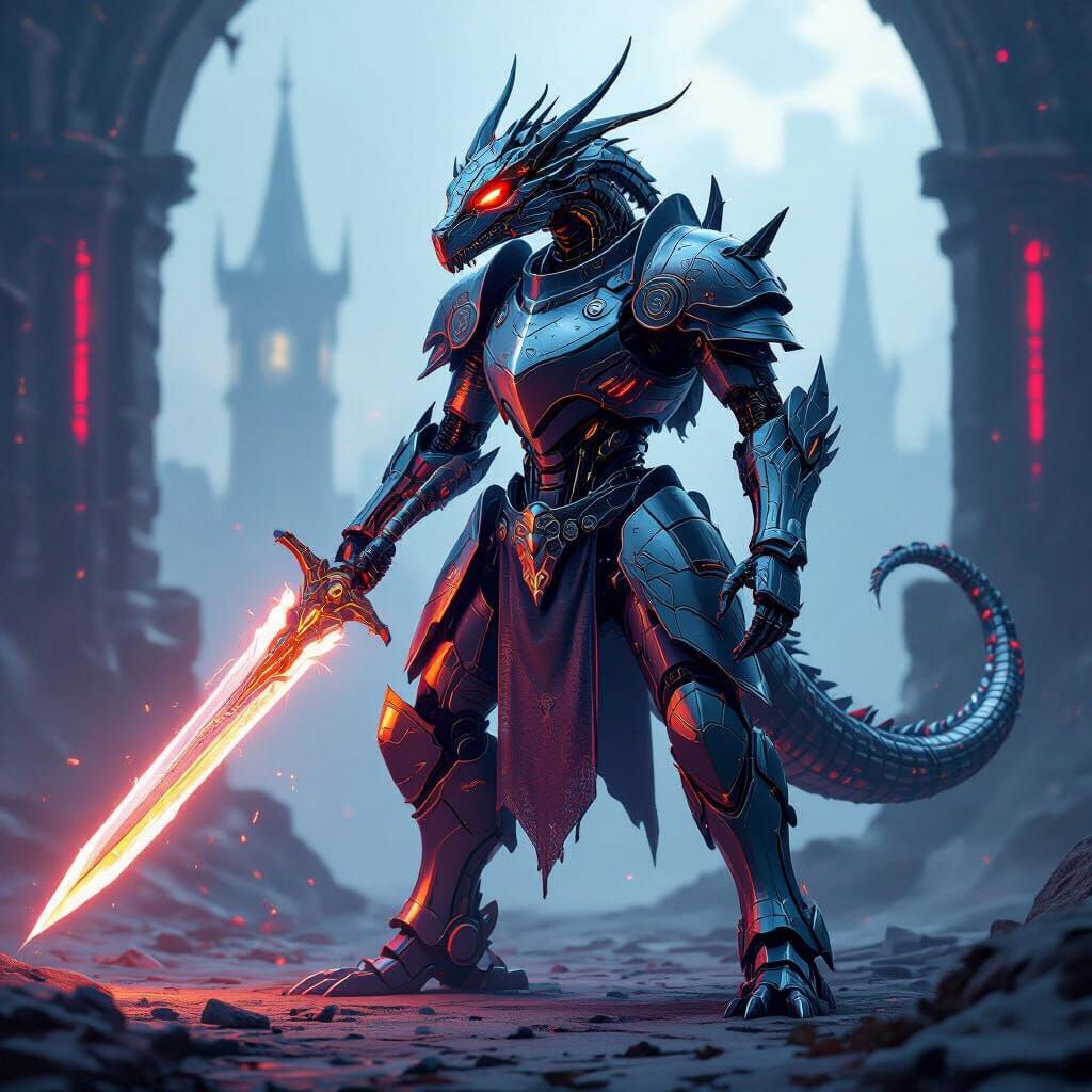 Robot Dragon in Medieval Armor with Sword