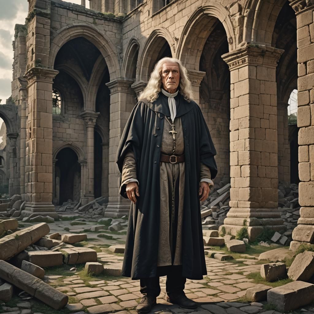 17th Century Man Amidst Abbey Ruins: Photorealistic Image