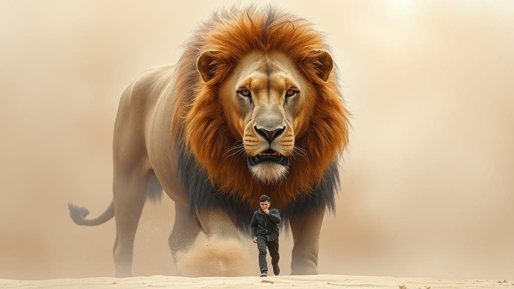 Epic Stormy Desert Landscape with Majestic Lion and Mysterio...