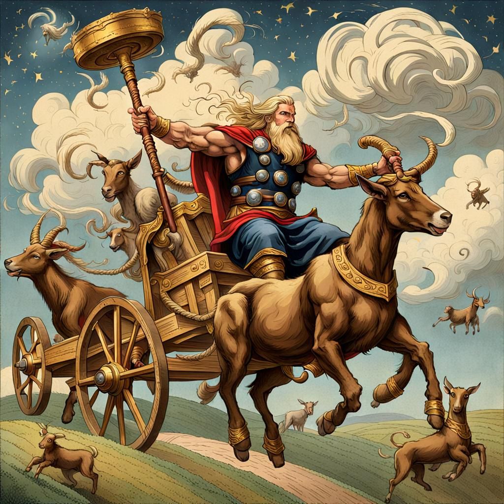 Thor on Goat-Pulled Chariot Strikes the Sky