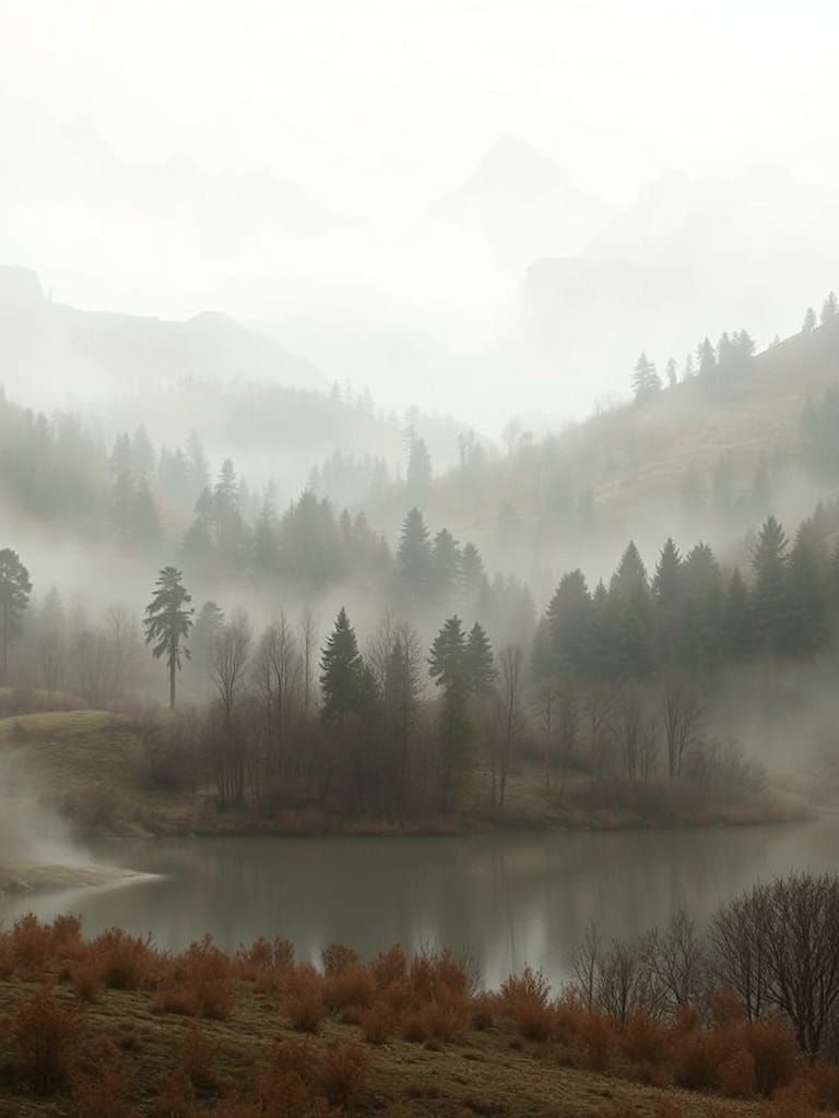 Dreamy Misty Landscape with Rolling Hills and Lake