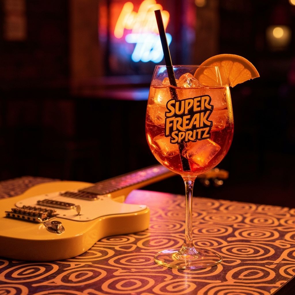 Aperol Spritz in Retro 80s Style Bar with Guitar