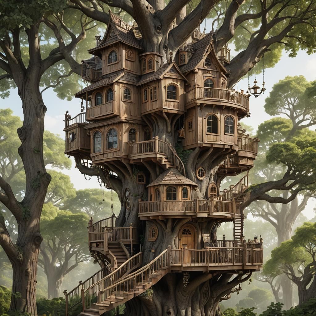A whimsical multi-level treehouse.
