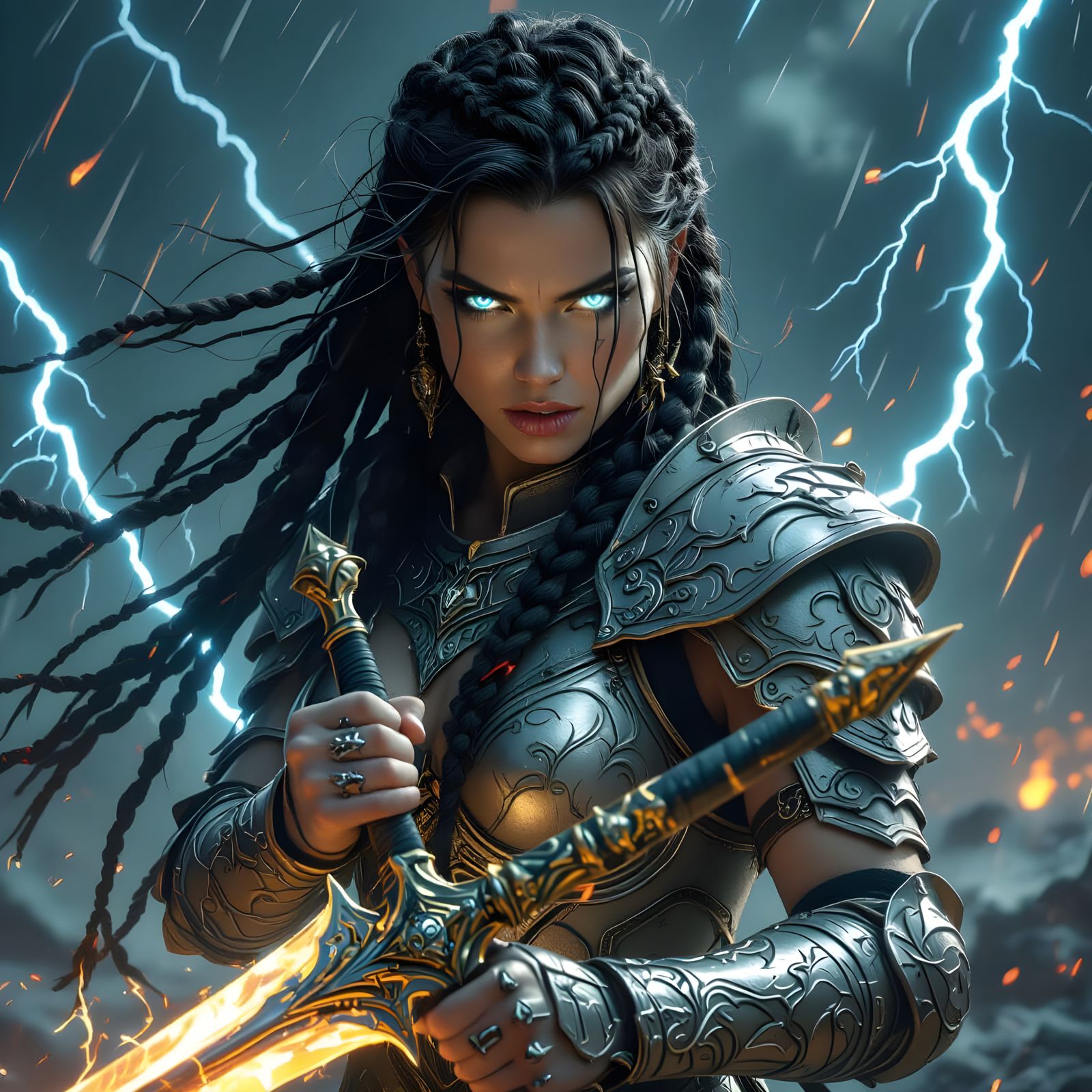 Fierce Warrior Woman in Electric Storm, Hyperdetailed Painti...