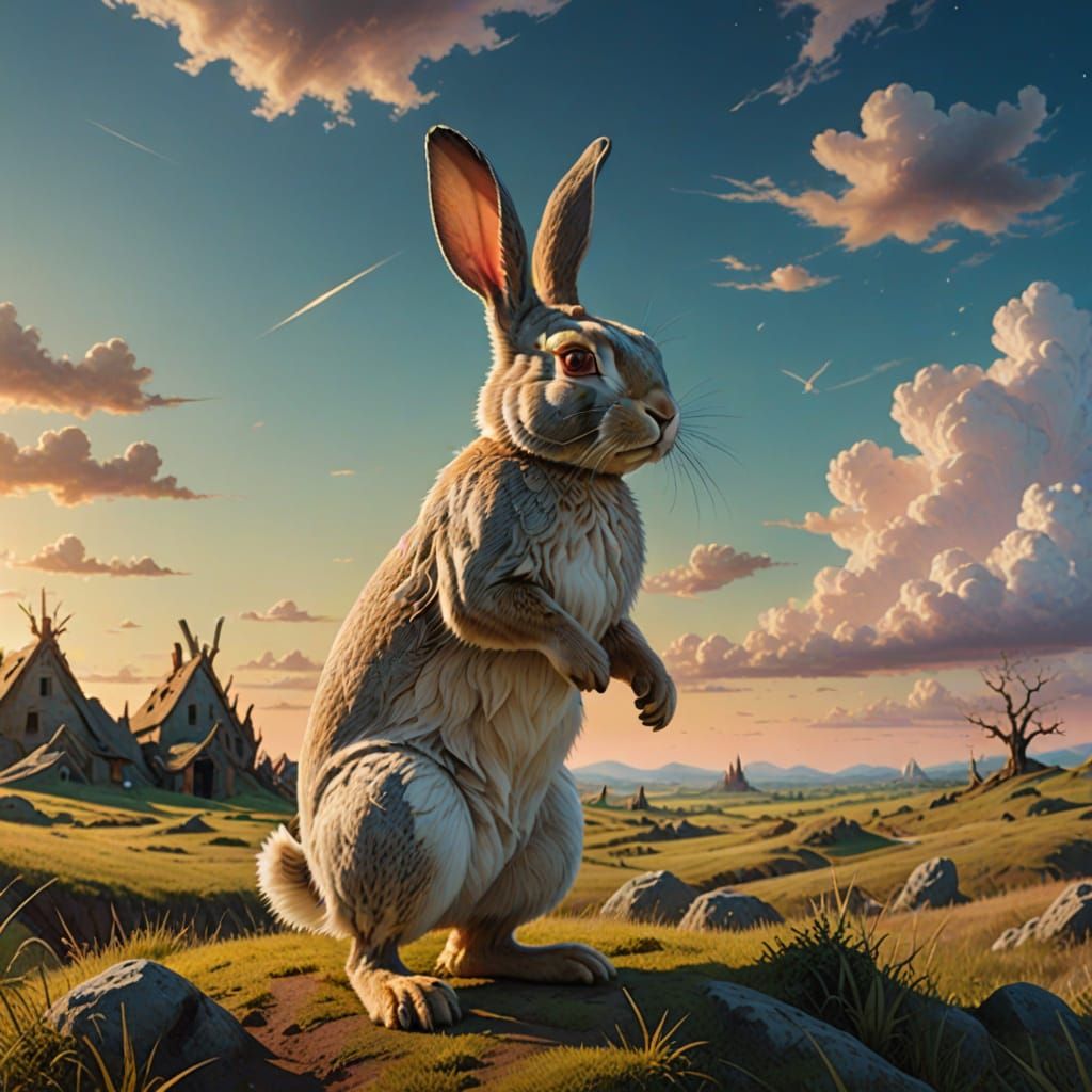 Surreal Rabbit in Desert Landscape, Fantasy Illustration
