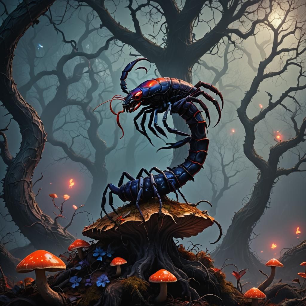 Shadowy Scorpion on Mushroom in Dark Fantasy Style