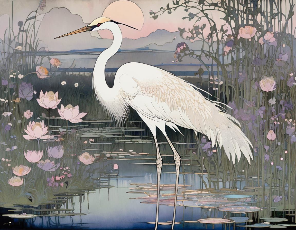 Ethereal White Crane in a Vibrant Floral Oasis