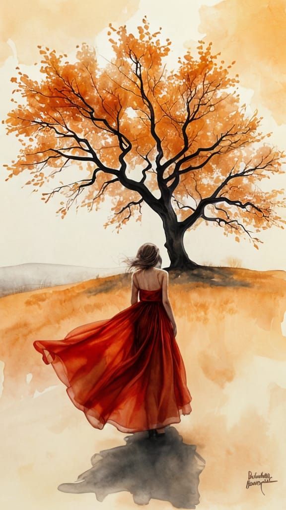 Autumn Watercolor Painting of Woman in Crimson