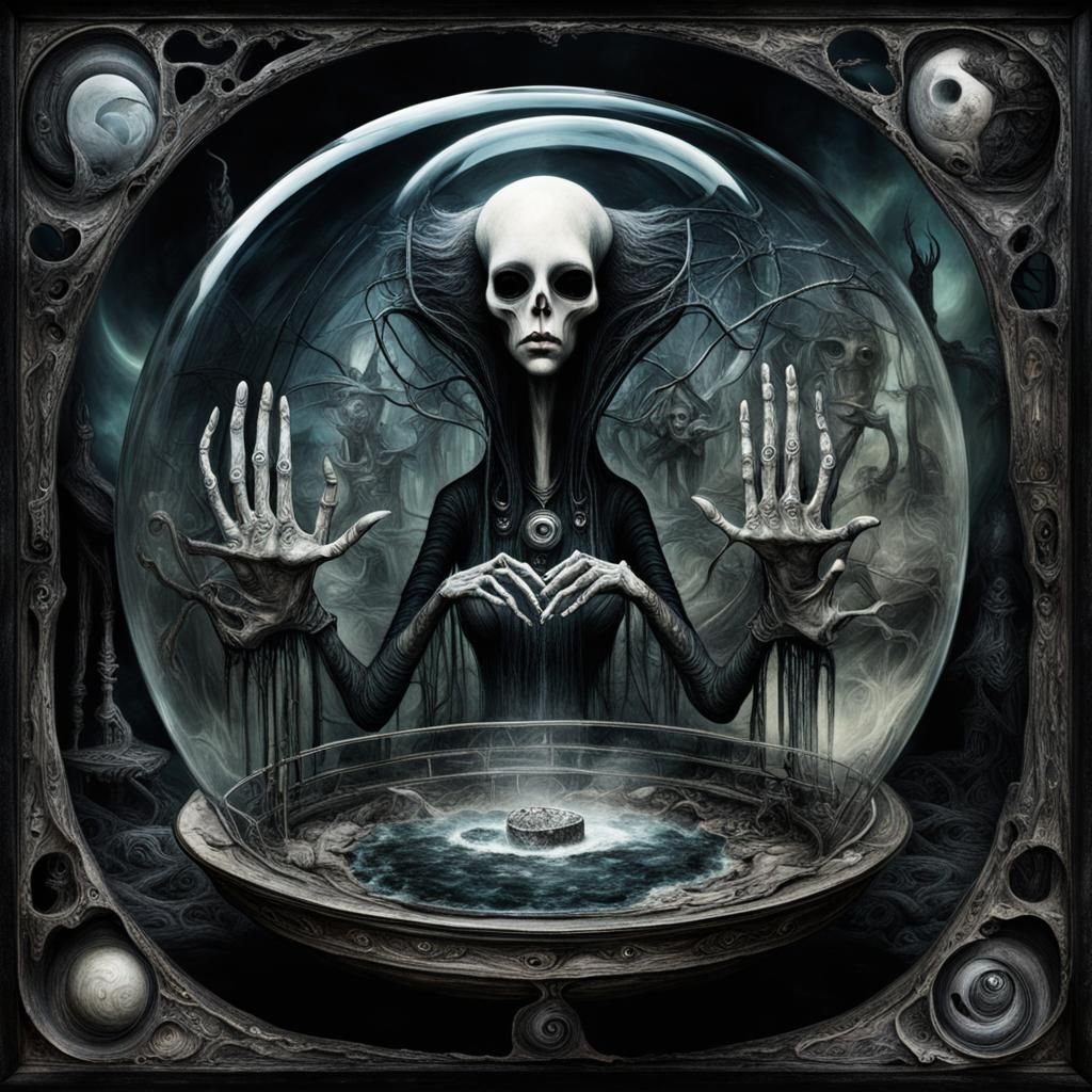 Witches fortune telling with glass, by Tim Burton