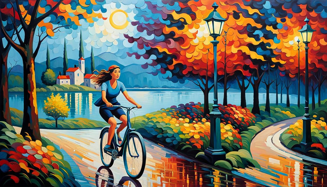 Cyclist on Lakeside Path: Expressionist Oil Painting
