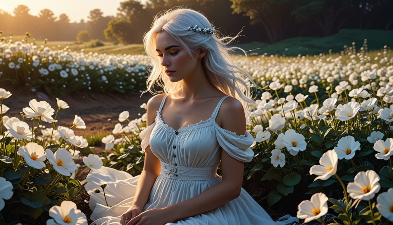Woman with Bird's Nest Hair in Pansy Field