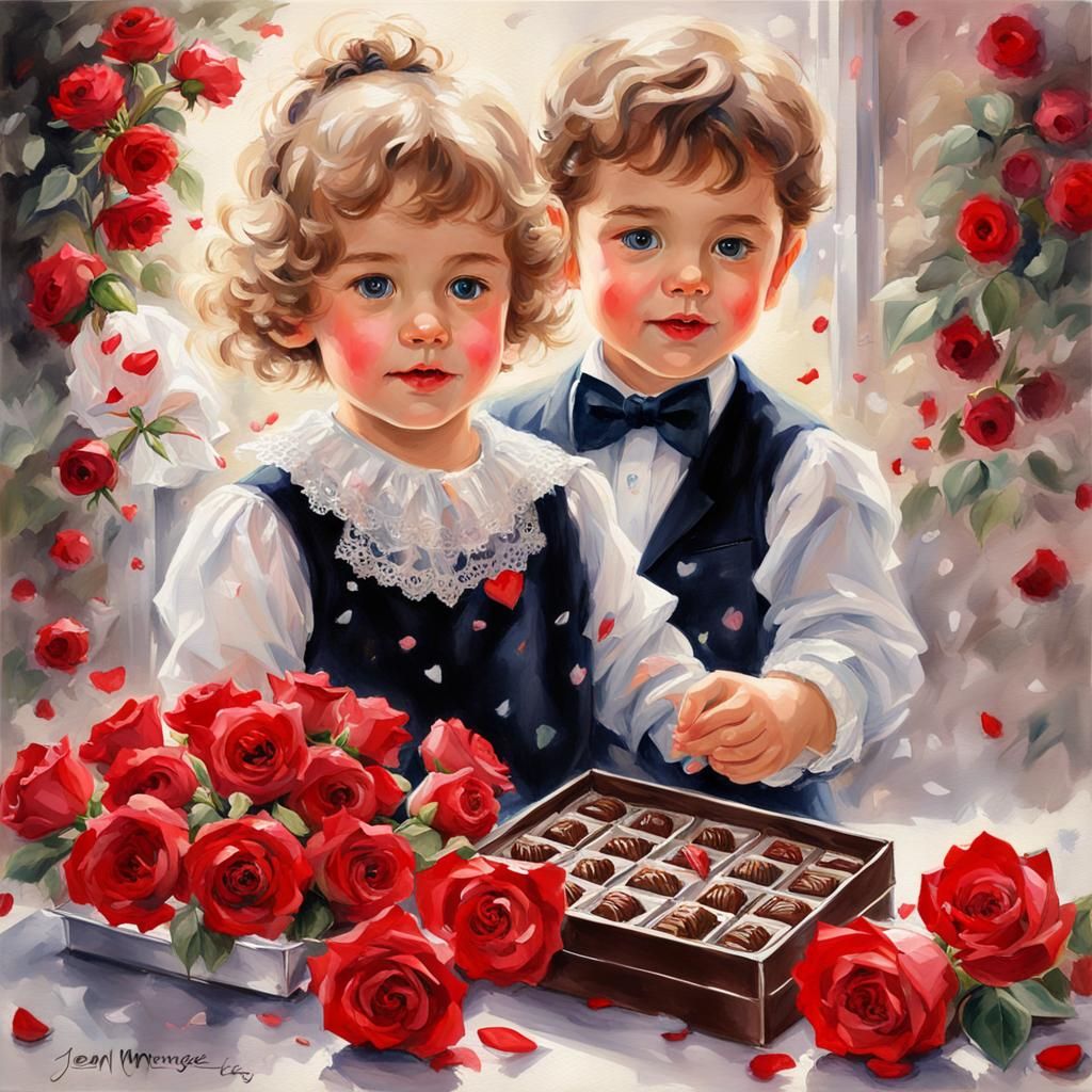 Roses and chocolate and a cute Valentines couple
