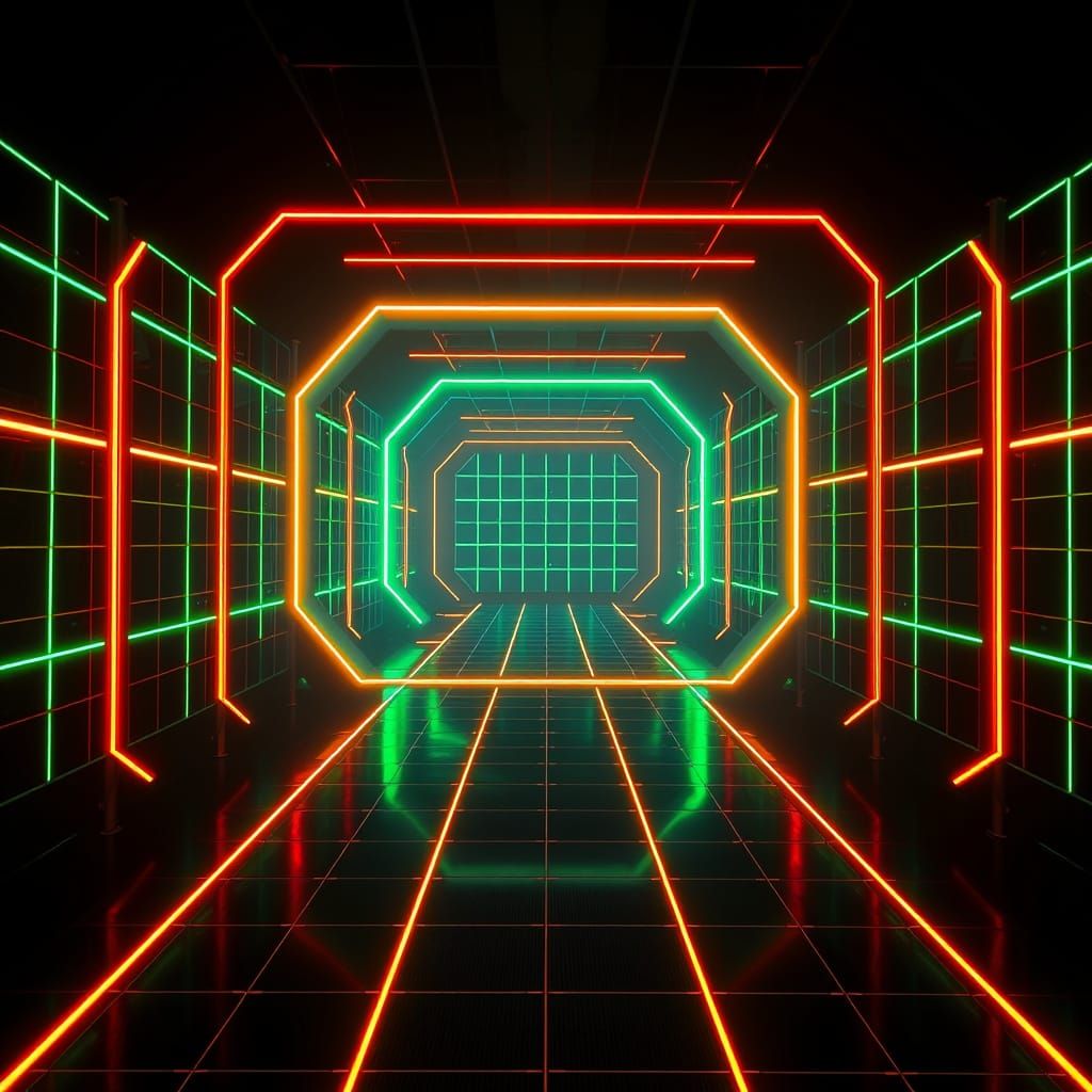 Neon Grids in Dark Environment as Retro Sci-Fi Art