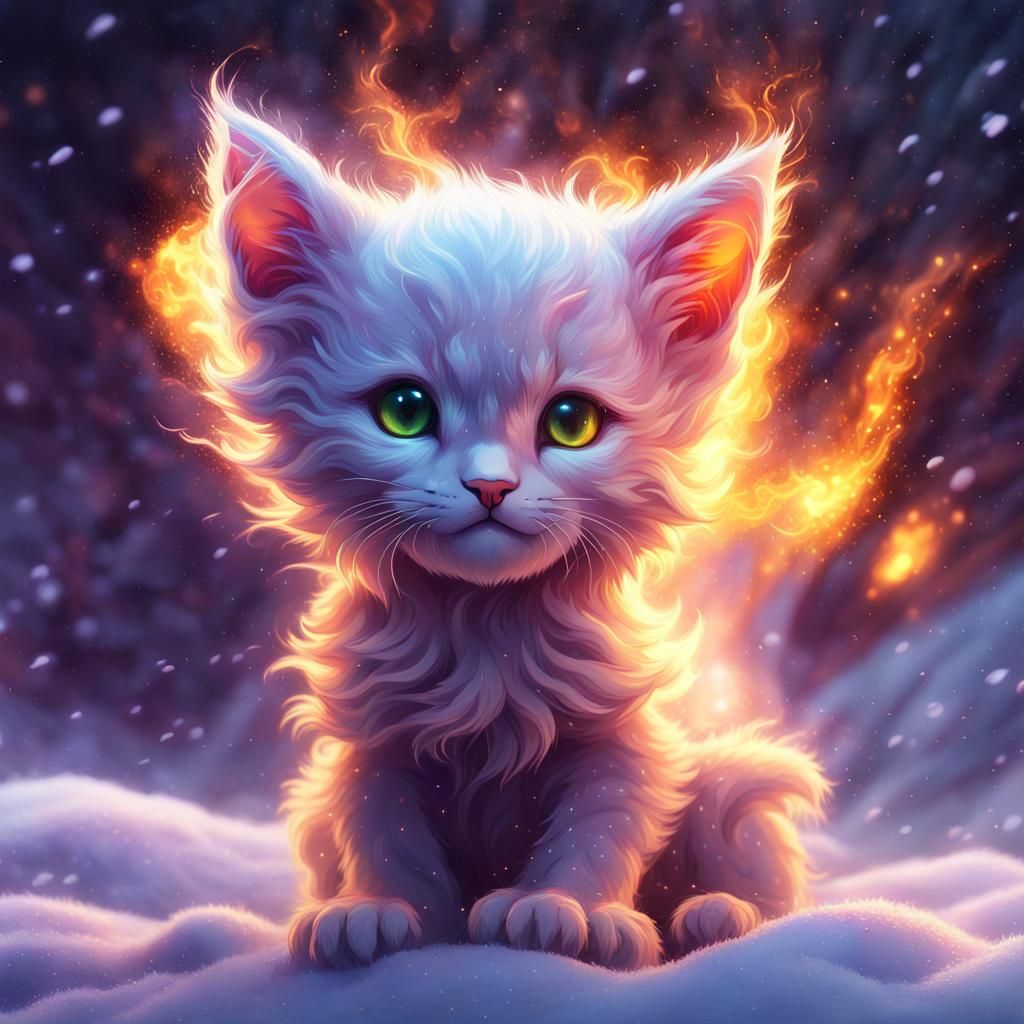 Glowing Fire Kitten in Galactic Snow: Concept Art