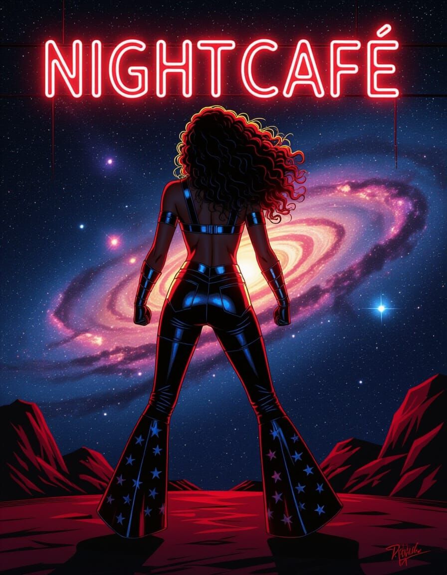 Cosmic Warrior Princess Under Galaxy Neon Sign