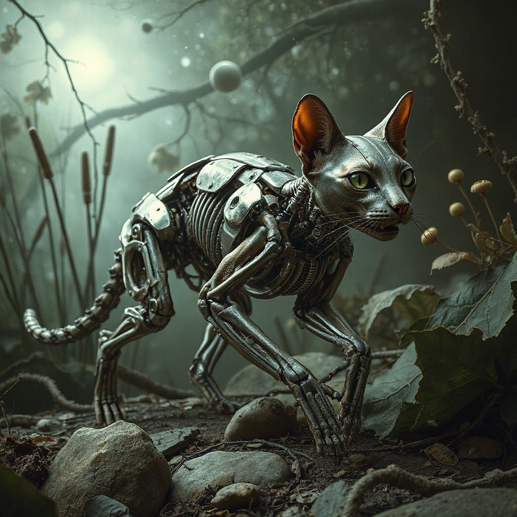 Skinless Biomechanical Cat in Gothic Garden