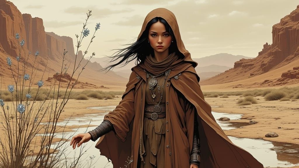 Girl in Desert Hiding Behind Alien Plants