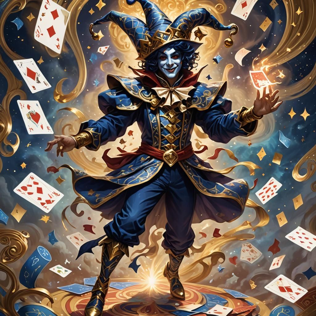 Jester Dancing in Starry Card Swirls: Fantasy Art